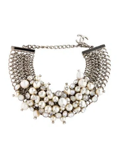 Pre-owned Chanel Pearl, Faux Pearl & Strass Cluster Choker Necklace, 14.5" In Grey/white