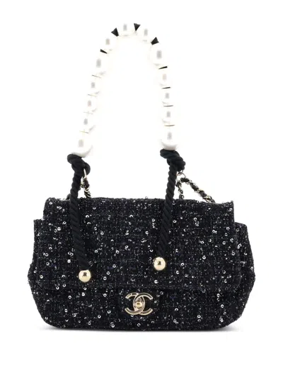 Pre-owned Chanel Pearl Handle Flap Bag Quilted Tweed Mini Shoulder Bag In Black
