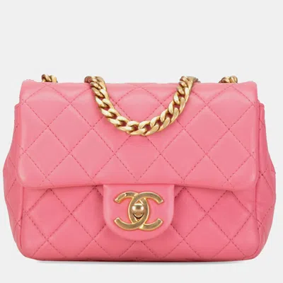 Pre-owned Chanel Pearl Samba Flap Mini Square Lambskin Shoulder Bag In Pink