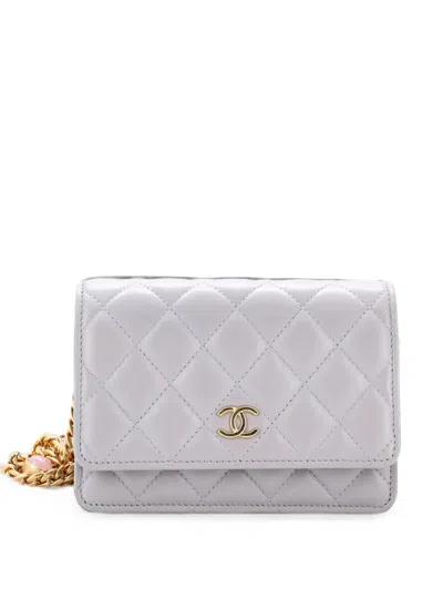 Pre-owned Chanel Pearl Samba Resin Wallet On Chain Quilted Calfskin Mini Crossbody Bag In Grey