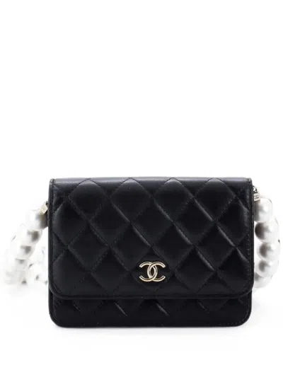 Pre-owned Chanel Pearl Strap Cc Wallet On Chain Quilted Calfskin Crossbody Bag In Black