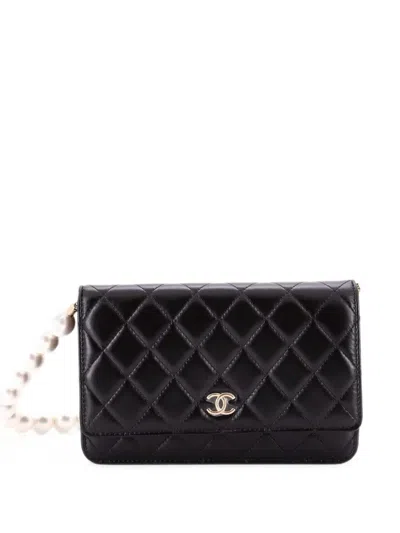 Pre-owned Chanel Pearl Strap Cc Wallet On Chain Quilted Calfskin Crossbody Bag In Black
