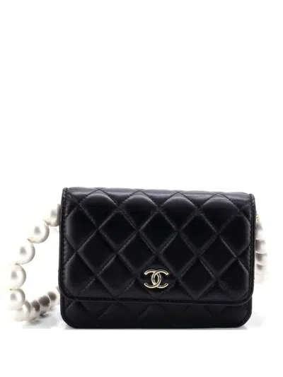Pre-owned Chanel Pearl Strap Cc Wallet On Chain Quilted Calfskin Mini Crossbody Bag In Black