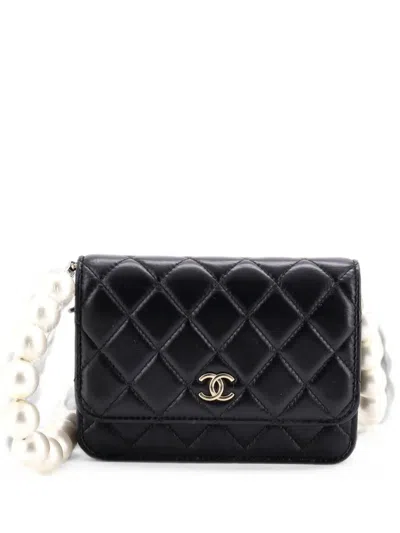 Pre-owned Chanel Pearl Strap Cc Wallet On Chain Quilted Calfskin Mini Crossbody Bag In Black