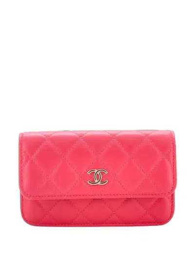 Pre-owned Chanel Pearl Strap Cc Wallet On Chain Quilted Calfskin Mini Crossbody Bag In Pink