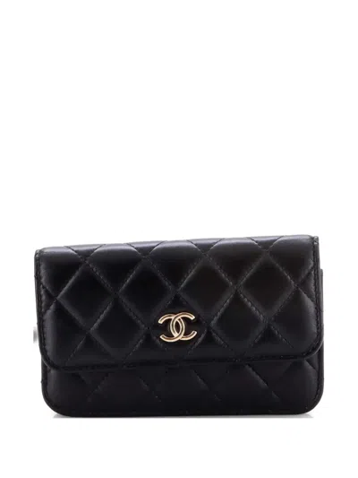 Pre-owned Chanel Pearl Strap Clutch With Chain Quilted Calfskin Crossbody Bag In Black