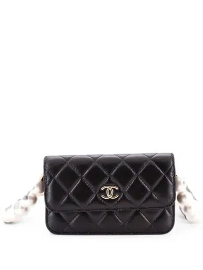 Pre-owned Chanel Pearl Strap Clutch With Chain Quilted Calfskin Crossbody Bag In Black