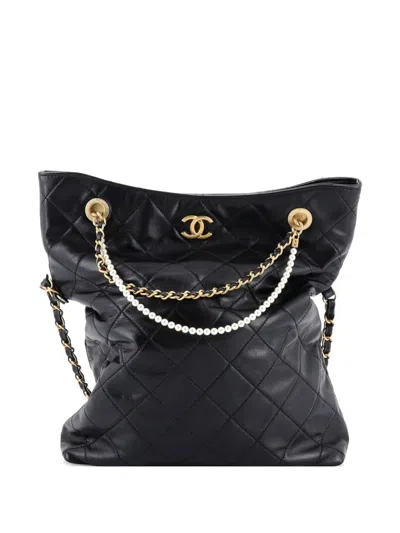 Pre-owned Chanel Pearl Strap Fold Over Shopping Tote Quilted Calfskin Medium Shoulder Bag In Black