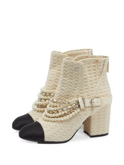Pre-owned Chanel Pearl-embellished Ankle Boots In White