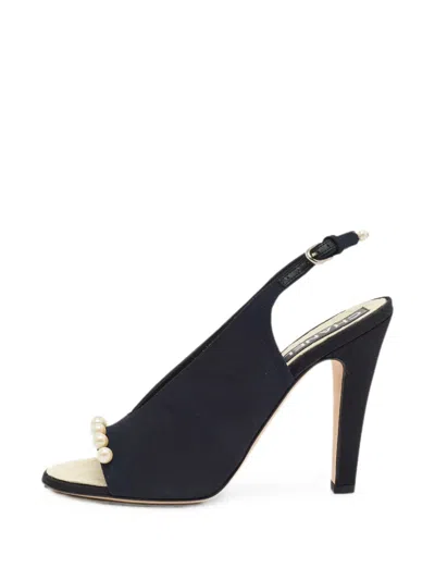 Pre-owned Chanel Pearl-embellished Peep-toe Heeled Pumps In Black