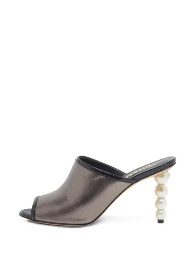 Pre-owned Chanel Pearl-embellished Slip-on Sandals In Gray