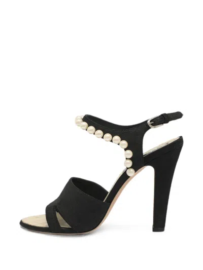 Pre-owned Chanel Pearl-embellished Suede Sandals In Black
