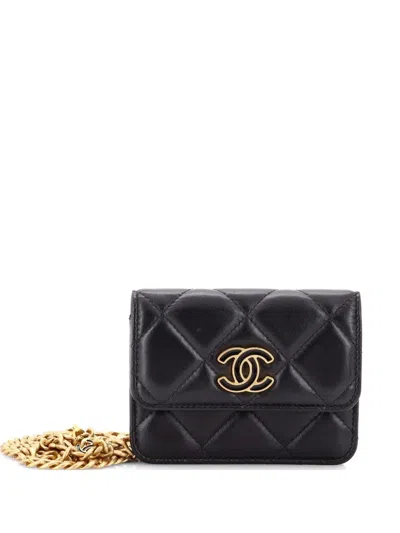 Pre-owned Chanel Pending Cc Flap Chain Quilted Lambskin Mini Belt Bag In Black