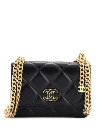 Pre-owned Chanel Pending Cc Wallet On Chain Quilted Lambskin Mini Crossbody Bag In Black