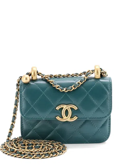 Pre-owned Chanel Perfect Fit Flap Coin Purse With Chain Quilted Calfskin Clutch Bag In Green