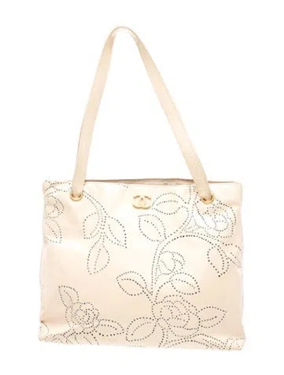 Pre-owned Chanel Perforated Camellia Tote In Neutral