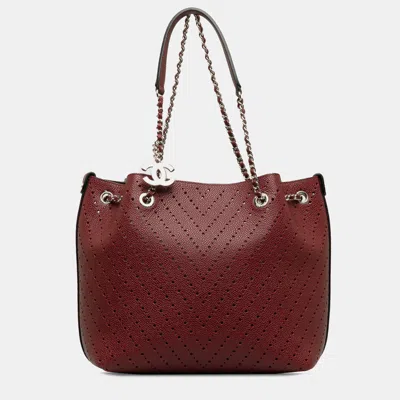 Pre-owned Chanel Perforated Caviar Leather Tote Bag In Red