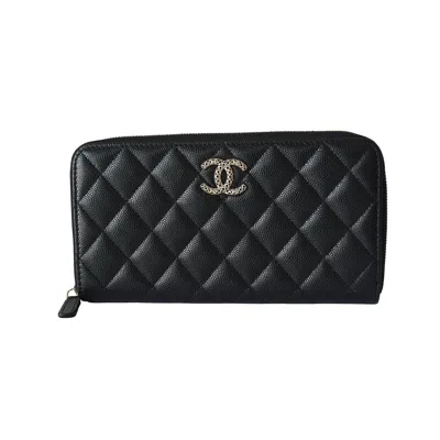 Pre-owned Chanel Perforated Cc Mark Caviar Quilted Long Zipped Wallet Black