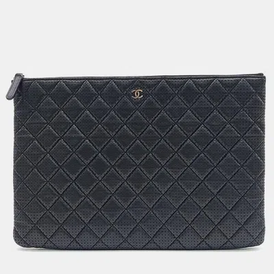Pre-owned Chanel Perforated Large Clutch In Black