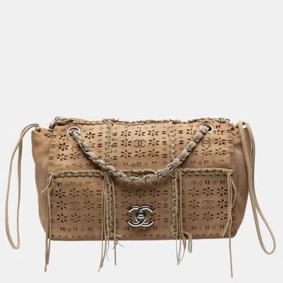 Pre-owned Chanel Perforated Suede Fringe Flap In Brown