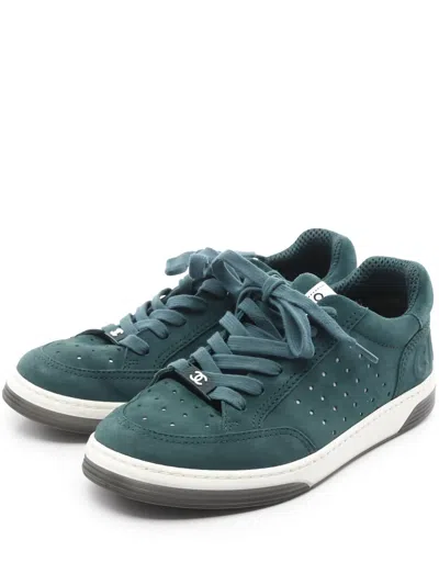 Pre-owned Chanel Perforated Suede Sneakers In Green