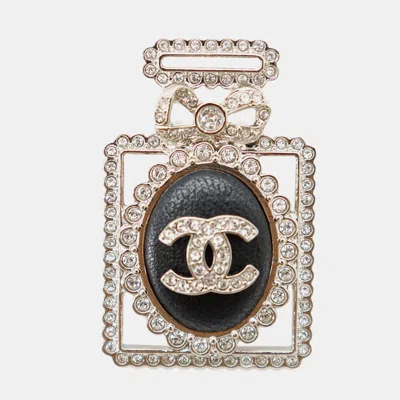 Pre-owned Chanel Perfume Motif Bottle Brooch Black Metal Rhinestone Leather