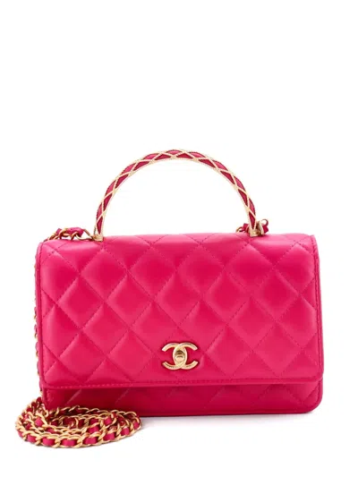 Pre-owned Chanel Pick Me Up Logo Handle Wallet On Chain Quilted Lambskin Satchel In Pink