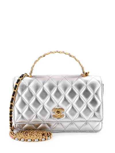 Pre-owned Chanel Pick Me Up Logo Handle Wallet On Chain Quilted Lambskin Satchel In Silver