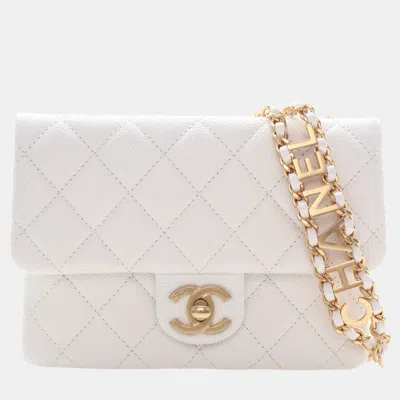 Pre-owned Chanel Pick Me Up Small White Grained Shiny Calfskin Waist Flap Belt Bag