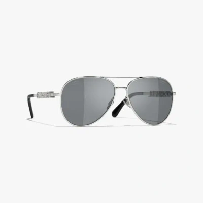 Chanel Pilot Sunglasses In Silver & Dark Gray 