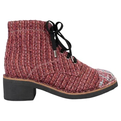 Pre-owned Chanel Pink 2014 14b Tweed Lace-up Ankle Boots Shoes 38.5 Fit 38