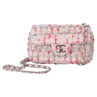 Pre-owned Chanel Pink 2018 18s Ribbon Detailed Knit Tweed Classic Mini Flap Bag