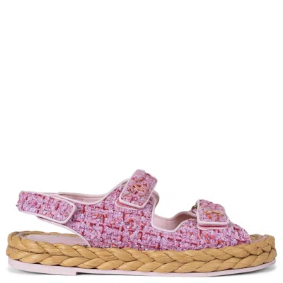 Pre-owned Chanel Pink 22p Dad Tweed Flats Sandals Shoes 39.5