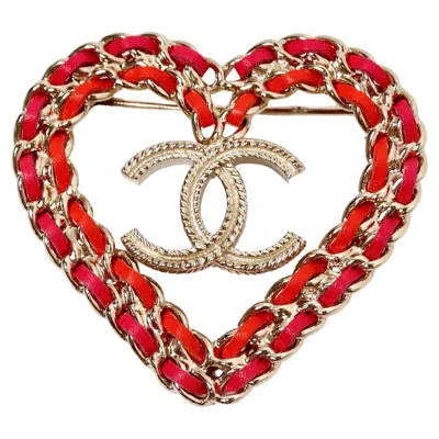 Pre-owned Chanel Pink & Red Leather Gold-tone Heart Brooch 2018