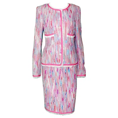Pre-owned Chanel Pink "barbie" Tweed Top Skirt & Jacket 3 Pcs Suit Ensemble 38/40