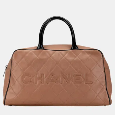Pre-owned Chanel Pink Beige Black Caviar Skin Patent Leather Matelasse Boston Bag