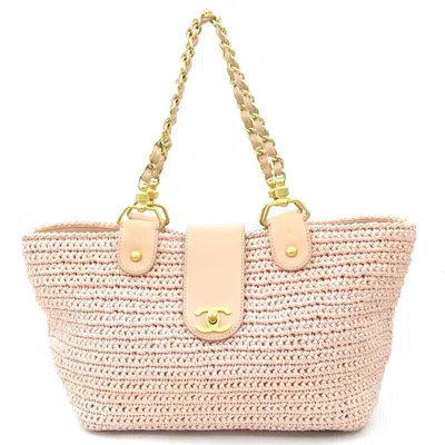 Pre-owned Chanel Pink Beige Raffia Leather Shoulder Bag Tote Bag ()