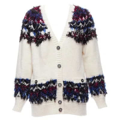 Pre-owned Chanel Pink Blue Fluffy Lurex Cream Intarsia Crystal Cc Button Cardigan Fr36 S In White