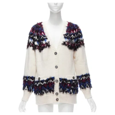 Pre-owned Chanel Pink Blue Fluffy Lurex Cream Intarsia Crystal Cc Button Cardigan Fr36 S In White