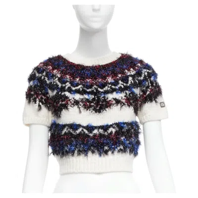 Pre-owned Chanel Pink Blue Fluffy Lurex Cream Intarsia Crystal Cc Cropped Sweater Fr34 Xs In White