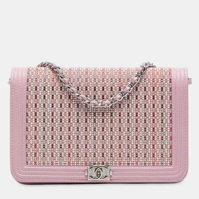 Pre-owned Chanel Pink Calfskin Crystal Studded Boy Wallet On Chain