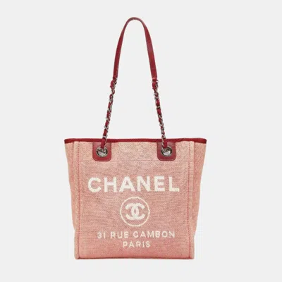 Pre-owned Chanel Pink Canvas Leather Deauville Pm Tote Bag