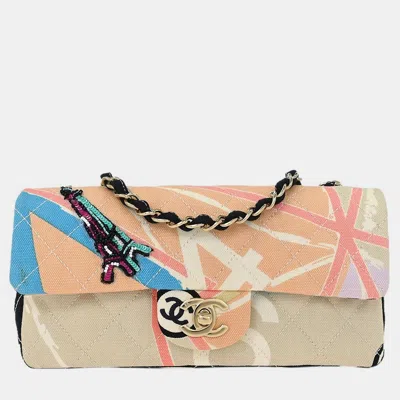 Pre-owned Chanel Pink Canvas Paris Map Single Flap Shoulder Bag In Gray
