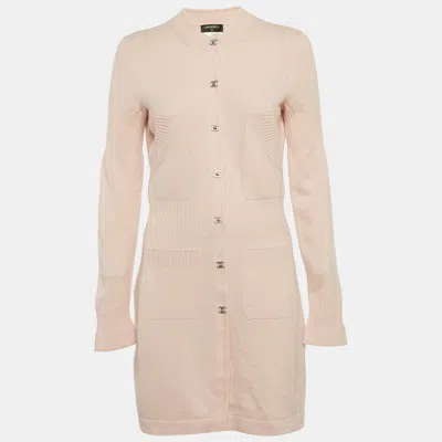 Pre-owned Chanel Pink Cashmere Knit Cc Closure Detail Mini Dress M