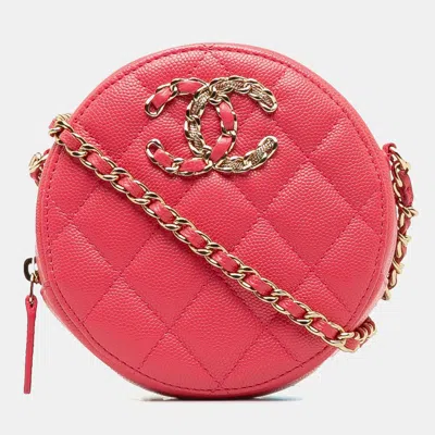 Pre-owned Chanel Pink Caviar Leather Caviar 19 Round Clutch With Chain