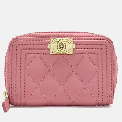 Pre-owned Chanel Pink Caviar Leather Caviar Boy Card Holder
