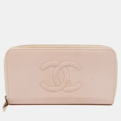Pre-owned Chanel Pink Caviar Leather Cc Timeless Zip Around Wallet