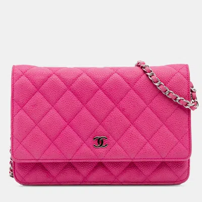 Pre-owned Chanel Pink Cc Caviar Wallet On Chain