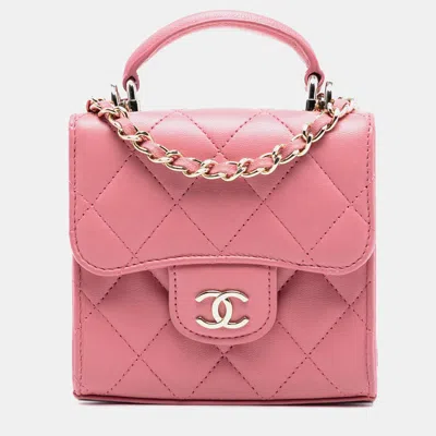 Pre-owned Chanel Pink Cc Lambskin Top Handle Flap Coin Purse With Chain