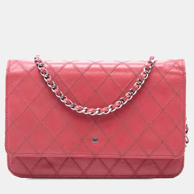 Pre-owned Chanel Pink Cc Lambskin Wild Stitch Wallet On Chain